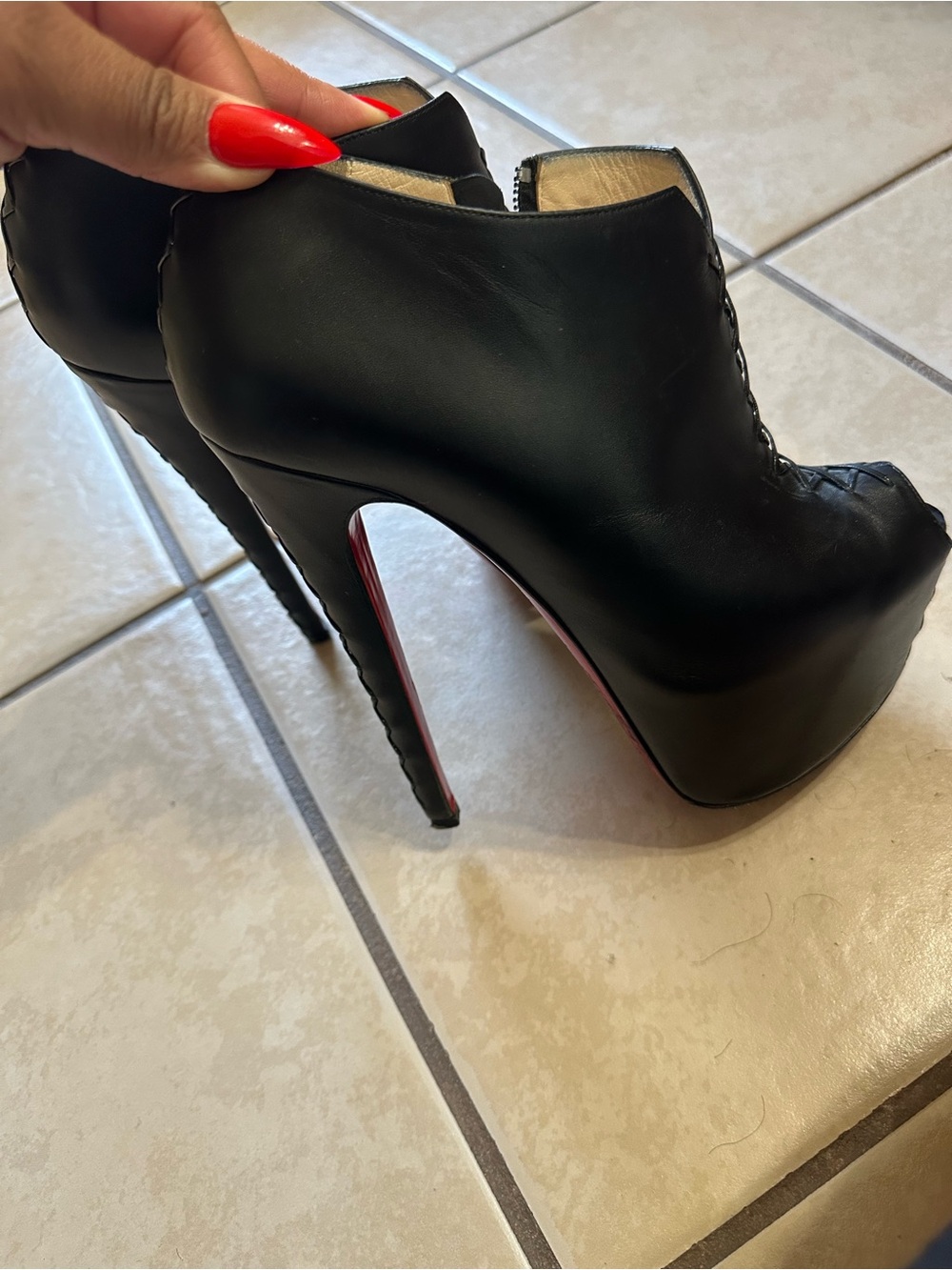 Black Peep-Toe High Heel Booties with Red Sole - Picture 3 of 6
